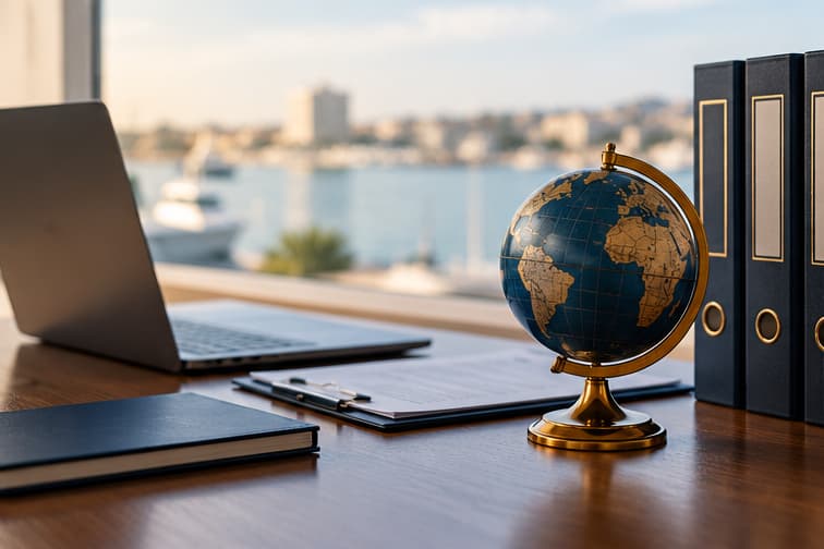Desk with a laptop, documents, ring binders and a globe, with a marina in the background