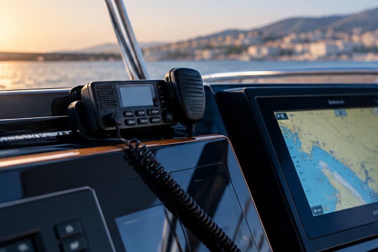 VHF radio and chartplotter at a yacht helm at sunset
