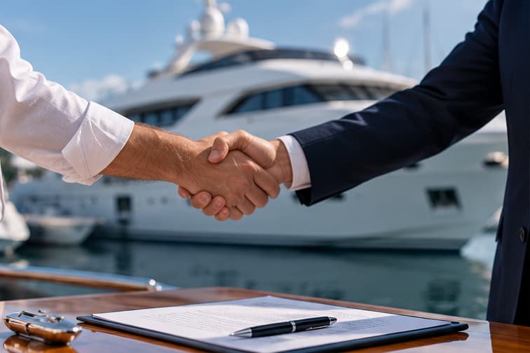 Two people shaking hands in front of a motor yacht, with a document and pen on the table
